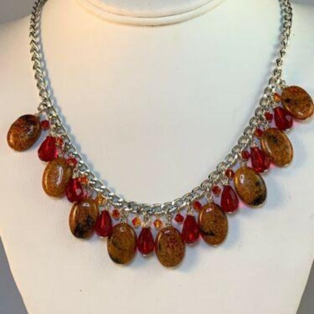 Silver Tone Curb Chain Necklace W/Orange/Red Jasper And Orange & Red Beads
